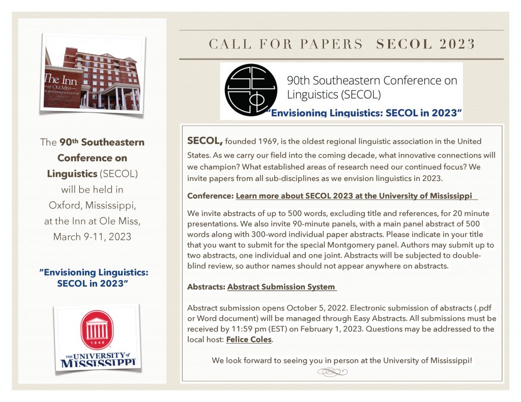 SECOL 2023 call for papers, a flyer